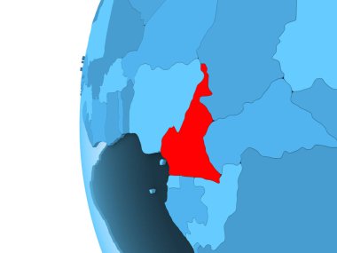 Kamerun 3D render kırmızı şeffaf okyanuslar ile mavi siyasi dünya üzerinde. 3D çizim.