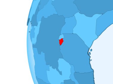 Burundi 3D render kırmızı şeffaf okyanuslar ile mavi siyasi dünya üzerinde. 3D çizim.