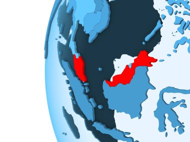 Kırmızı şeffaf okyanuslar ile mavi siyasi dünya üzerinde 3D render Malezya. 3D çizim.