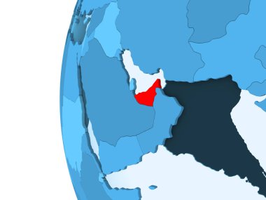 Birleşik Arap Emirlikleri 3D render kırmızı şeffaf okyanuslar ile mavi siyasi dünya üzerinde. 3D çizim.