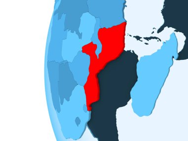 Mozambik 3D render kırmızı şeffaf okyanuslar ile mavi siyasi dünya üzerinde. 3D çizim.