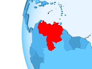 Kırmızı şeffaf okyanuslar ile mavi siyasi dünya üzerinde 3D render Venezuela. 3D çizim.