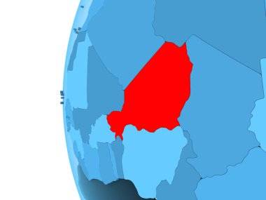 Kırmızı şeffaf okyanuslar ile mavi siyasi dünya üzerinde 3D render Nijer. 3D çizim.