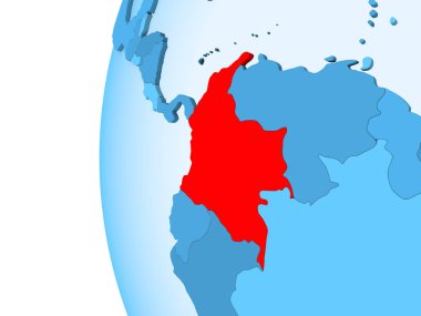 Kırmızı şeffaf okyanuslar ile mavi siyasi dünya üzerinde 3D render Kolombiya. 3D çizim.