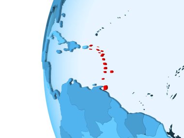 Kırmızı şeffaf okyanuslar ile mavi siyasi dünya üzerinde 3D render Karayipler. 3D çizim.