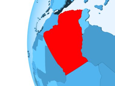 Kırmızı şeffaf okyanuslar ile mavi siyasi dünya üzerinde 3D render Cezayir. 3D çizim.