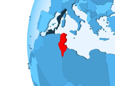 Kırmızı şeffaf okyanuslar ile mavi siyasi dünya üzerinde 3D render Tunus. 3D çizim.