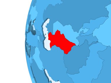 Türkmenistan 3D render kırmızı şeffaf okyanuslar ile mavi siyasi dünya üzerinde. 3D çizim.