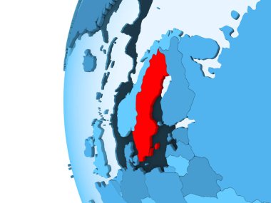 Kırmızı şeffaf okyanuslar ile mavi siyasi dünya üzerinde 3D render, İsveç. 3D çizim.