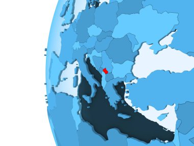 Kırmızı şeffaf okyanuslar ile mavi siyasi dünya üzerinde 3D render Kosova'nın. 3D çizim.