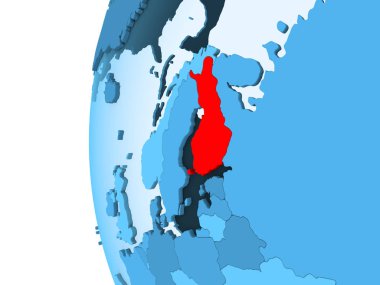 Kırmızı şeffaf okyanuslar ile mavi siyasi dünya üzerinde 3D render, Finlandiya. 3D çizim.