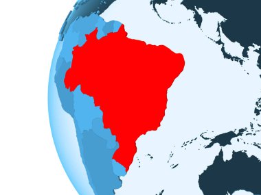 Kırmızı şeffaf okyanuslar ile mavi siyasi dünya üzerinde 3D render Brezilya. 3D çizim.