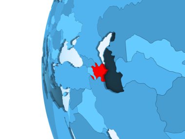 Kırmızı şeffaf okyanuslar ile mavi siyasi dünya üzerinde 3D render, Azerbaycan. 3D çizim.