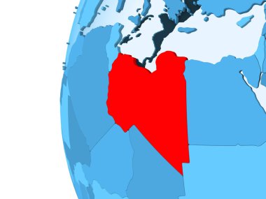 Kırmızı şeffaf okyanuslar ile mavi siyasi dünya üzerinde 3D render Libya. 3D çizim.