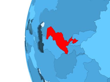 Kırmızı şeffaf okyanuslar ile mavi siyasi dünya üzerinde 3D render Özbekistan'ın. 3D çizim.