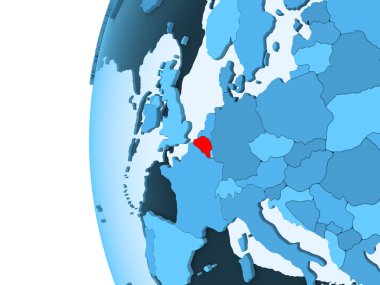 Kırmızı şeffaf okyanuslar ile mavi siyasi dünya üzerinde 3D render, Belçika. 3D çizim.