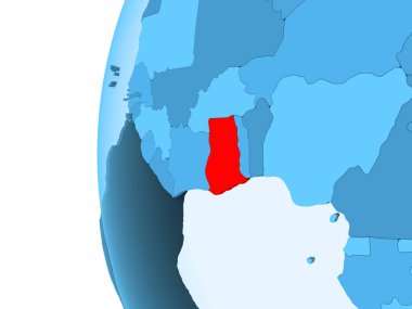 Gana 3D render kırmızı şeffaf okyanuslar ile mavi siyasi dünya üzerinde. 3D çizim.