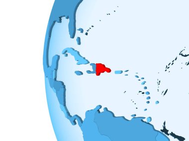 Kırmızı şeffaf okyanuslar ile mavi siyasi dünya üzerinde 3D render Dominik Cumhuriyeti. 3D çizim.