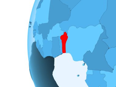 Benin 3D render kırmızı şeffaf okyanuslar ile mavi siyasi dünya üzerinde. 3D çizim.