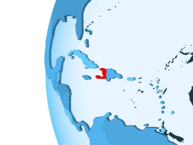Kırmızı şeffaf okyanuslar ile mavi siyasi dünya üzerinde 3D render Haiti. 3D çizim.