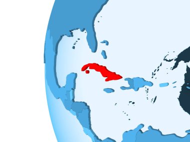 Kırmızı şeffaf okyanuslar ile mavi siyasi dünya üzerinde 3D render Küba'nın. 3D çizim.
