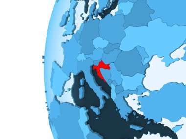 Hırvatistan 3D render kırmızı şeffaf okyanuslar ile mavi siyasi dünya üzerinde. 3D çizim.