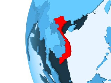 Kırmızı şeffaf okyanuslar ile mavi siyasi dünya üzerinde 3D render Vietnam. 3D çizim.