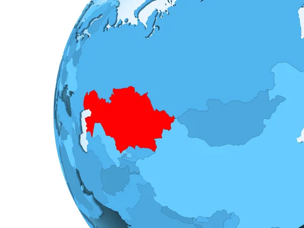 Rendu Kazakhstan Rouge Sur Globe Politique Bleu Avec Des Océans — Photo