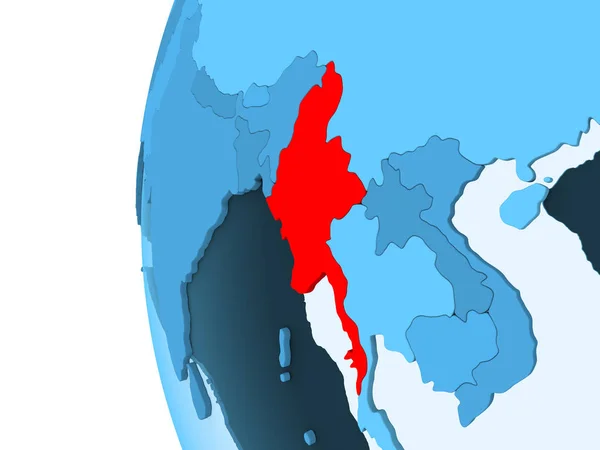 Myanmar Render Kırmızı Şeffaf Okyanuslar Ile Mavi Siyasi Dünya Üzerinde — Stok fotoğraf