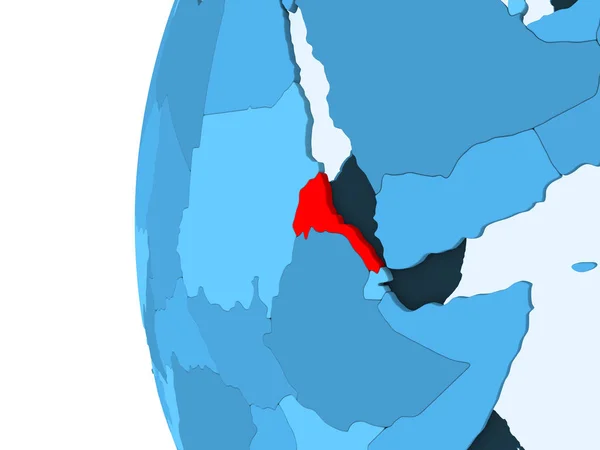 在蓝色的政治地球上用透明的海洋渲染厄立特里亚的红色 — 图库照片