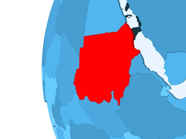 在蓝色的政治地球上 用透明的海洋渲染苏丹的红色 — 图库照片