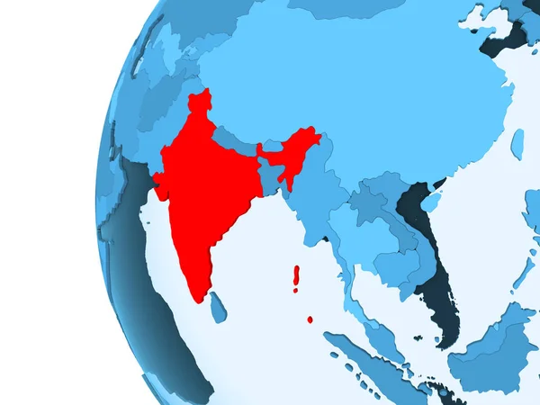 Рендеринг Индии Красном Голубом Политическом Глобусе Прозрачными Океанами Иллюстрация — стоковое фото