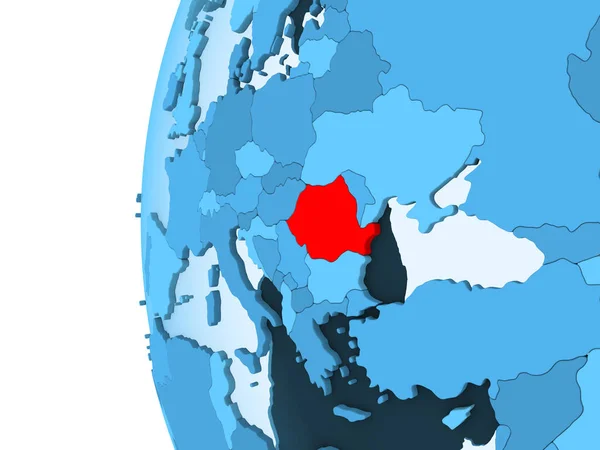 渲染罗马尼亚在红色在蓝色政治地球以透明的海洋 — 图库照片
