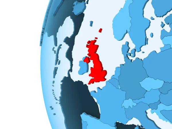 Рендеринг Соединенного Королевства Красном Голубом Политическом Глобусе Прозрачными Океанами Иллюстрация — стоковое фото