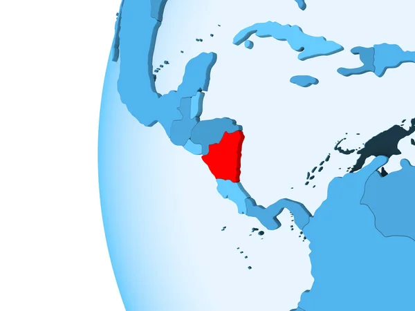 尼加拉瓜以红色在蓝色的政治地球上渲染透明的海洋 — 图库照片