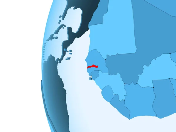渲染冈比亚在红色在蓝色政治地球以透明的海洋 — 图库照片
