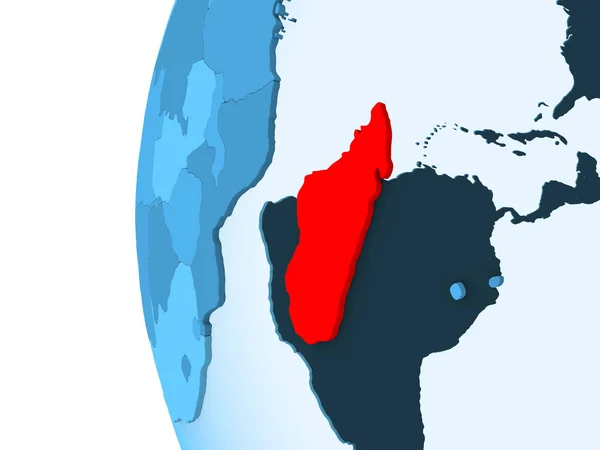 Madagaskar Render Kırmızı Şeffaf Okyanuslar Ile Mavi Siyasi Dünya Üzerinde — Stok fotoğraf