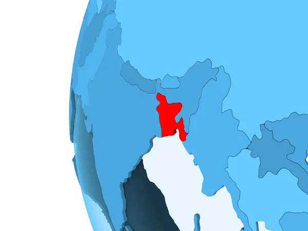 渲染孟加拉国在红色在蓝色政治地球以透明的海洋 — 图库照片