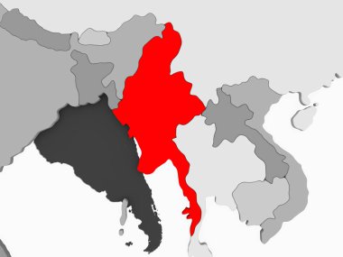 Myanmar kırmızı şeffaf okyanuslar ile gri siyasi harita üzerinde. 3D çizim.