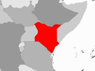 Şeffaf okyanuslar ile gri siyasi haritada kırmızı Kenya'da. 3D çizim.