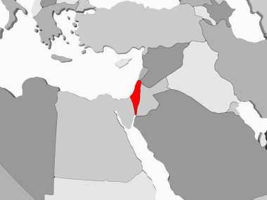 İsrail kırmızı şeffaf okyanuslar ile gri siyasi harita üzerinde. 3D çizim.