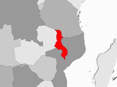 Malavi kırmızı şeffaf okyanuslar ile gri siyasi harita üzerinde. 3D çizim.