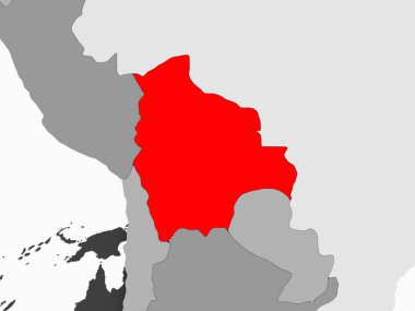 Şeffaf okyanuslar ile gri siyasi haritada kırmızı Bolivya'da. 3D çizim.