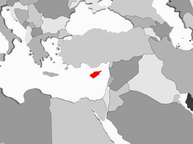Kıbrıs kırmızı şeffaf okyanuslar ile gri siyasi harita üzerinde. 3D çizim.