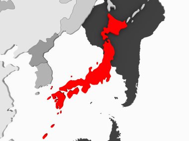 Kırmızı şeffaf okyanuslar ile gri siyasi harita üzerinde Japonya. 3D çizim.