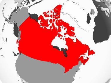 Şeffaf okyanuslar ile gri siyasi haritada kırmızı Kanada'da. 3D çizim.