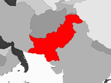 Şeffaf okyanuslar ile gri siyasi haritada kırmızı Pakistan'da. 3D çizim.