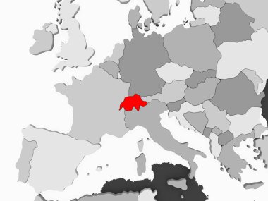 İsviçre kırmızı şeffaf okyanuslar ile gri siyasi harita üzerinde. 3D çizim.