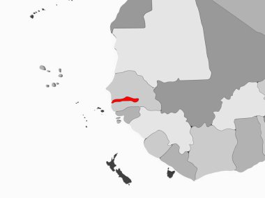 Gambiya kırmızı şeffaf okyanuslar ile gri siyasi harita üzerinde. 3D çizim.