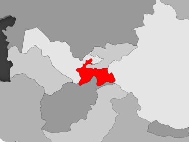 Tacikistan kırmızı şeffaf okyanuslar ile gri siyasi harita üzerinde. 3D çizim.